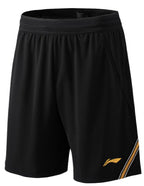 Black shorts with a yellow logo on a white background