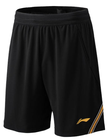 Black shorts with a yellow logo on a white background
