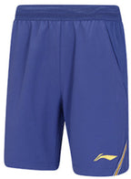 Blue athletic shorts with a brand logo on a white background