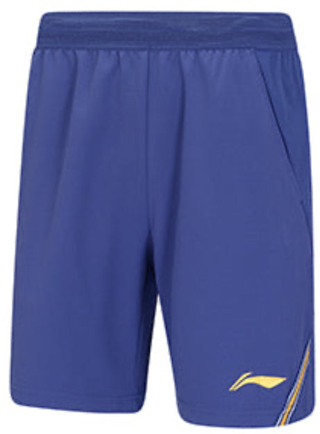 Blue athletic shorts with a brand logo on a white background